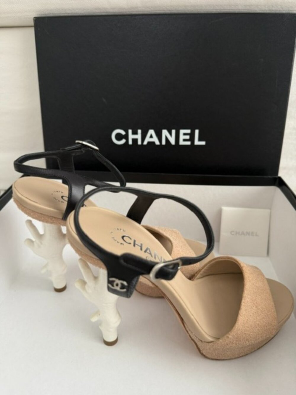 Chanel Beige Sand Coral Heel Platform Sandals - Karl Lagerfeld 2012 Collection